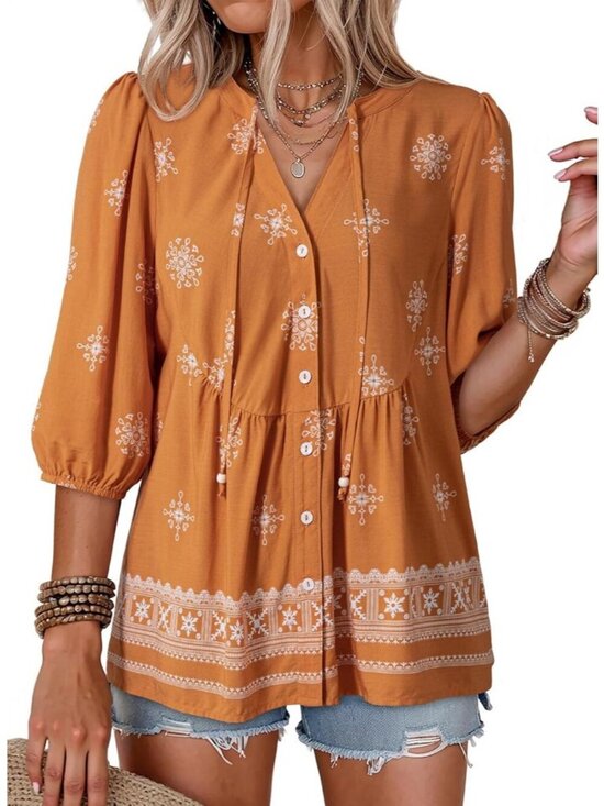 Tops - Women's Summer Tops Floral Short Sleeve Yellow Button Down V Neck Peplum Blouses